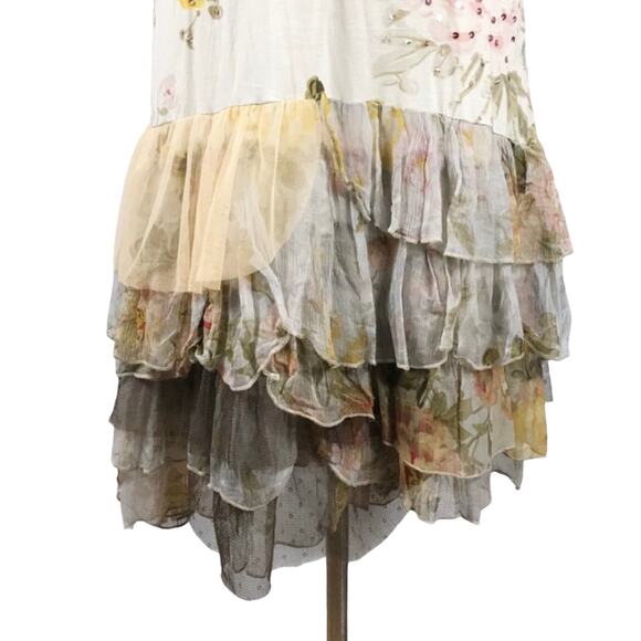 ALBERTO MAKALI Jersey Dress Floral Sequins Tulle Ruffles Hem Sleeveless Small - Picture 3 of 8